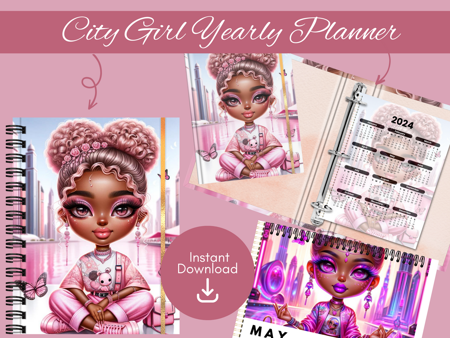 City Girl Hyperlinked | Goodnotes and Notability Compatible | Beautiful African-American Woman Digital Illustration Designs | Journal | Complete Planner