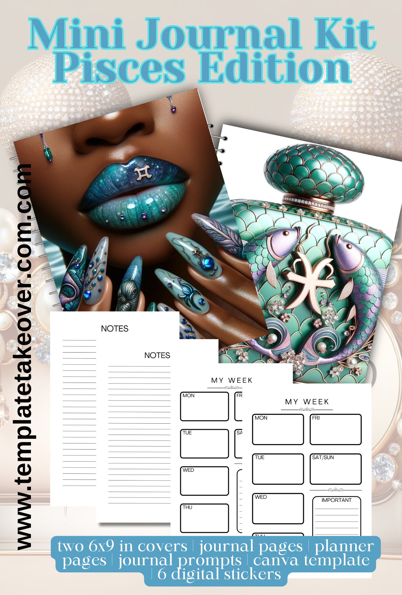 Copy of Celestial Scents: Pisces Edition Journal: Perfect for Crafters, Creatives, Coaches, and More - Set of 2 Covers, 15 Journal Pages, 5 Planner Pages, 15 Prompts and 6 Digital Stickers. Volume 3