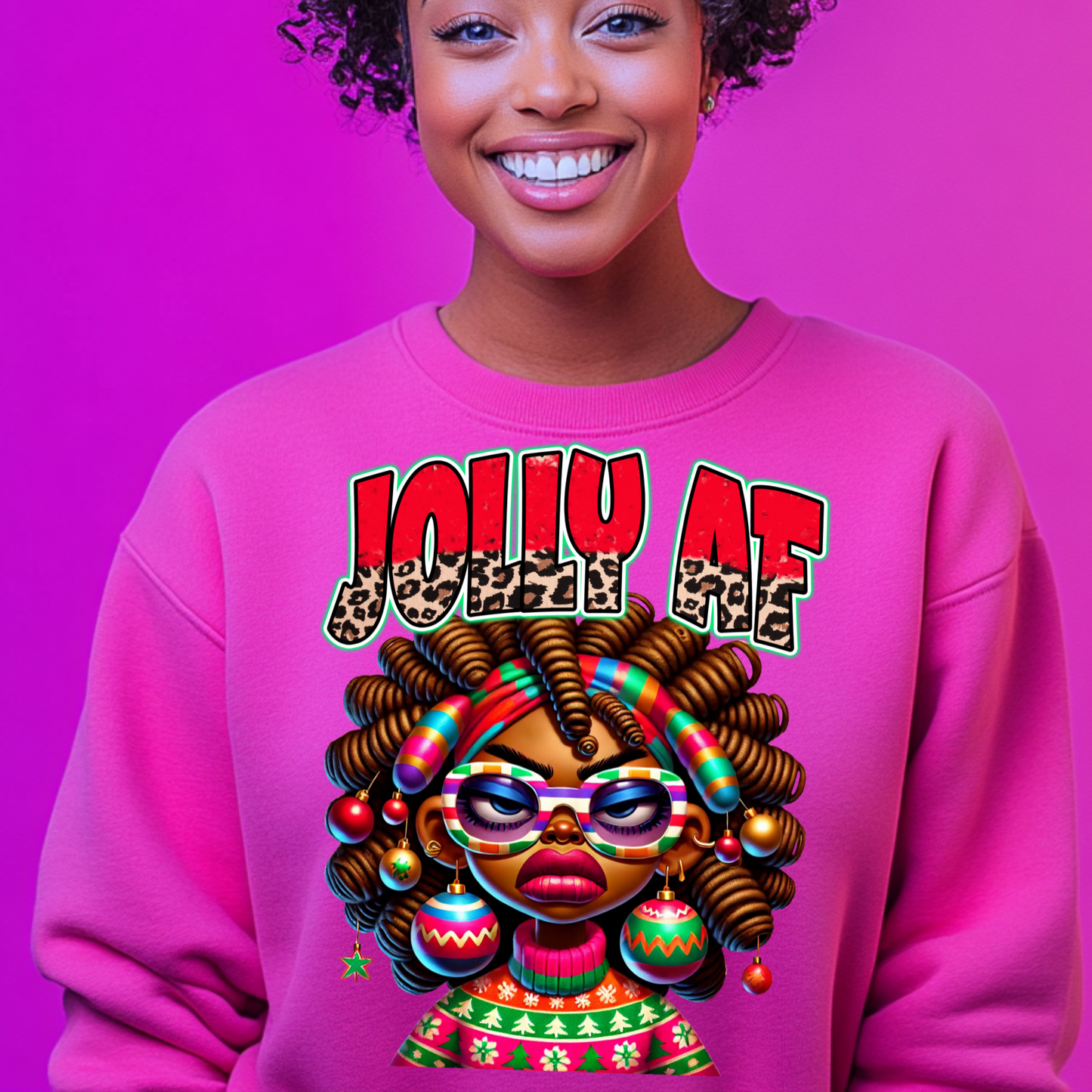 Jolly AF Afrocentric Christmas PNG, African American Woman Holiday Sublimation Design, Leopard Print Christmas Clipart, Mockups Included