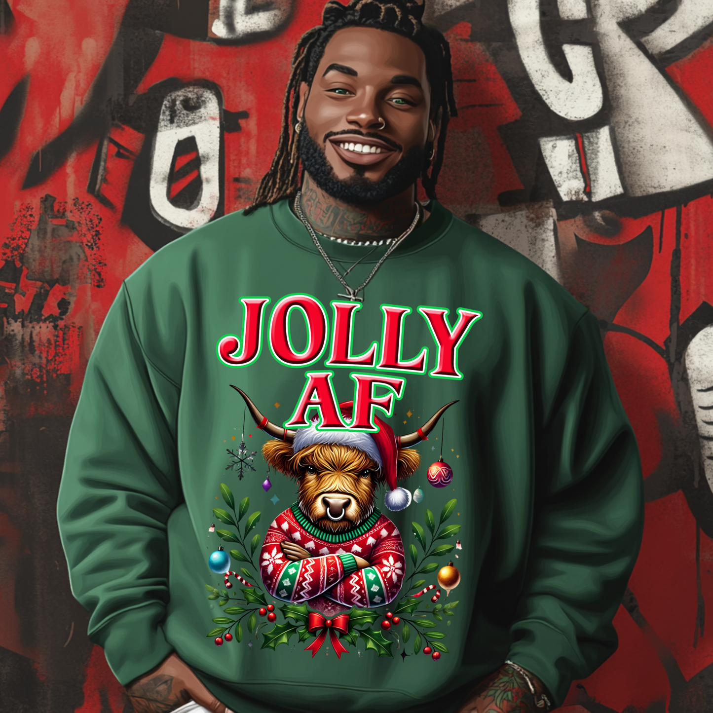 Jolly AF Highland Cow Christmas PNG - Funny Holiday Sublimation Design for T-Shirts, Digital Download with Free Mockups