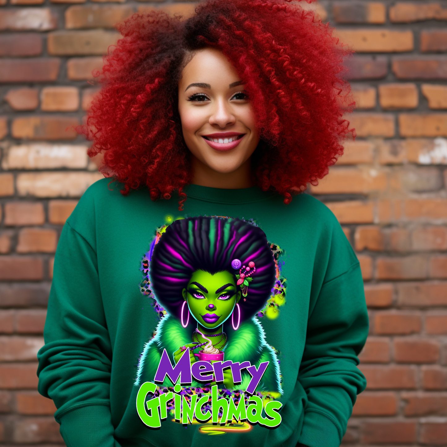 Merry Grinchmas Afro Diva PNG | Bold Grinch-Inspired Holiday Digital Download with Free Mockups