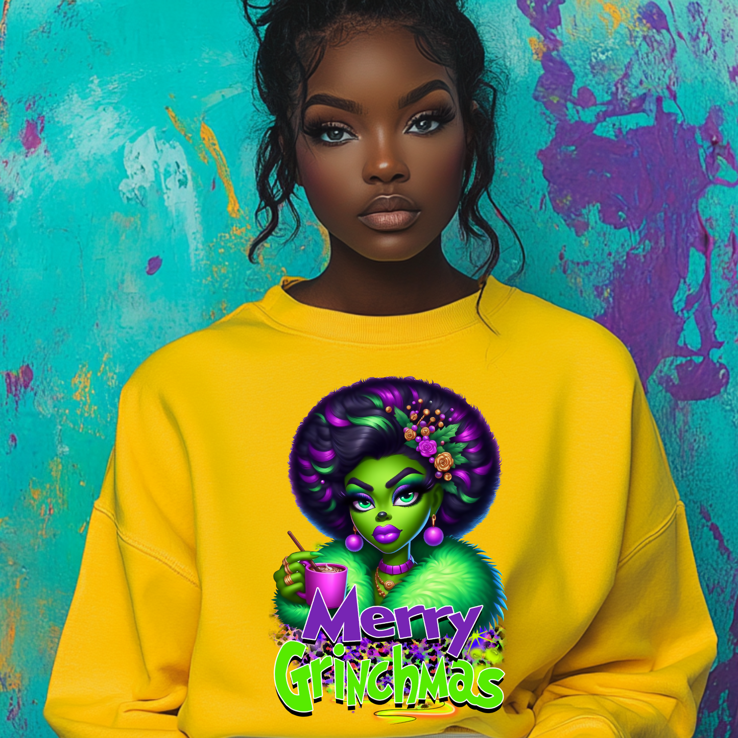 Merry Grinchmas Afro Diva PNG | Fun Holiday Grinch-Inspired Digital Art with Free Mockups