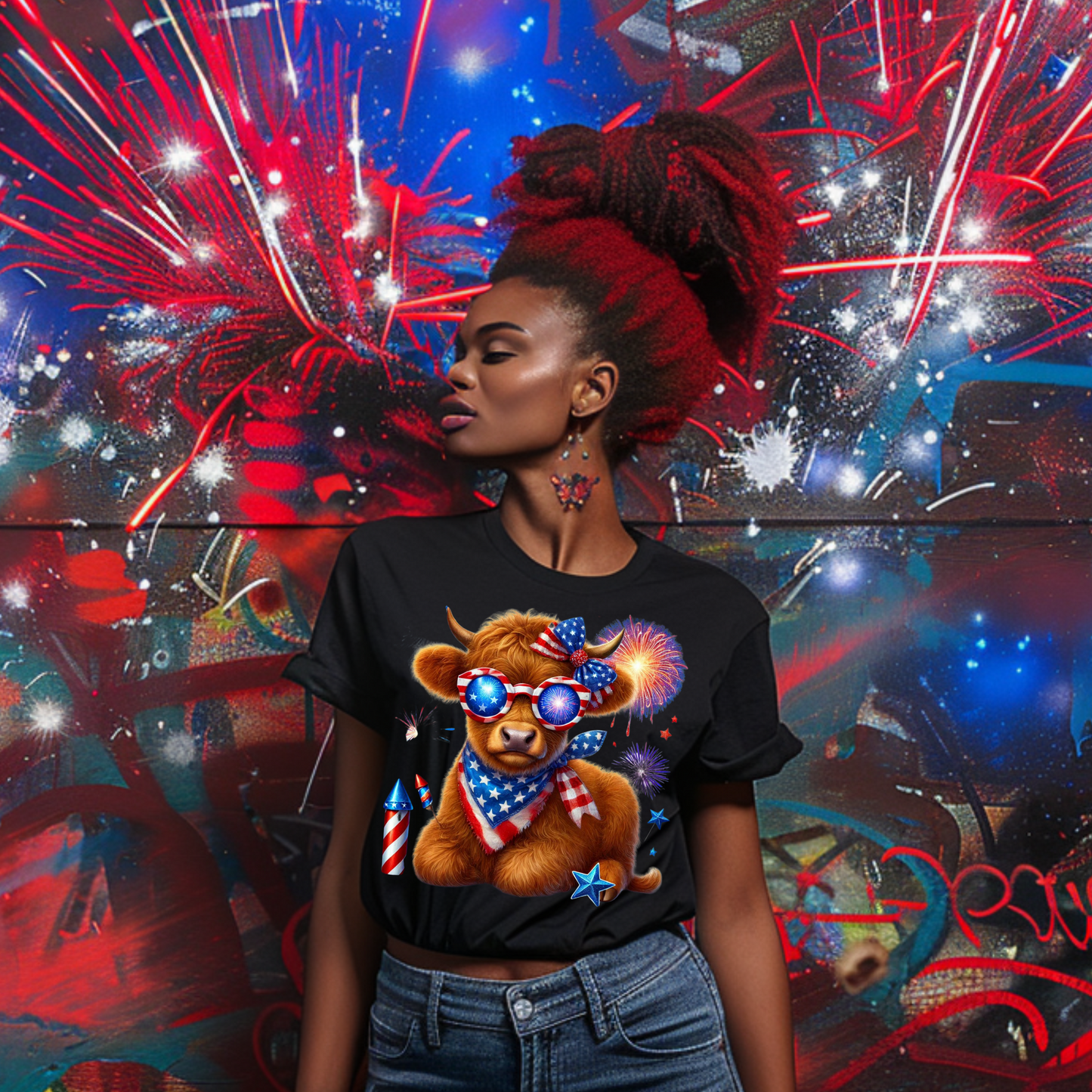 July 4th Highland Cow PNG, Freeish Funny Cute Baby Cow Fourth Of July Sublimation Design, Trendy America USA Popular PNG, Digital