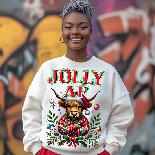 Jolly AF Highland Cow Christmas PNG - Funny Holiday Sublimation Design for T-Shirts, Digital Download with Free Mockups