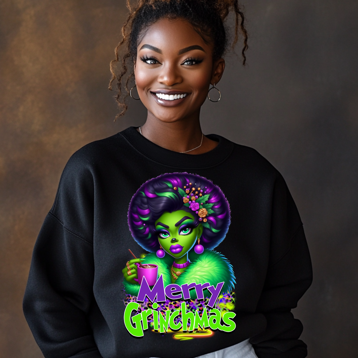 Merry Grinchmas Afro Diva PNG | Fun Holiday Grinch-Inspired Digital Art with Free Mockups