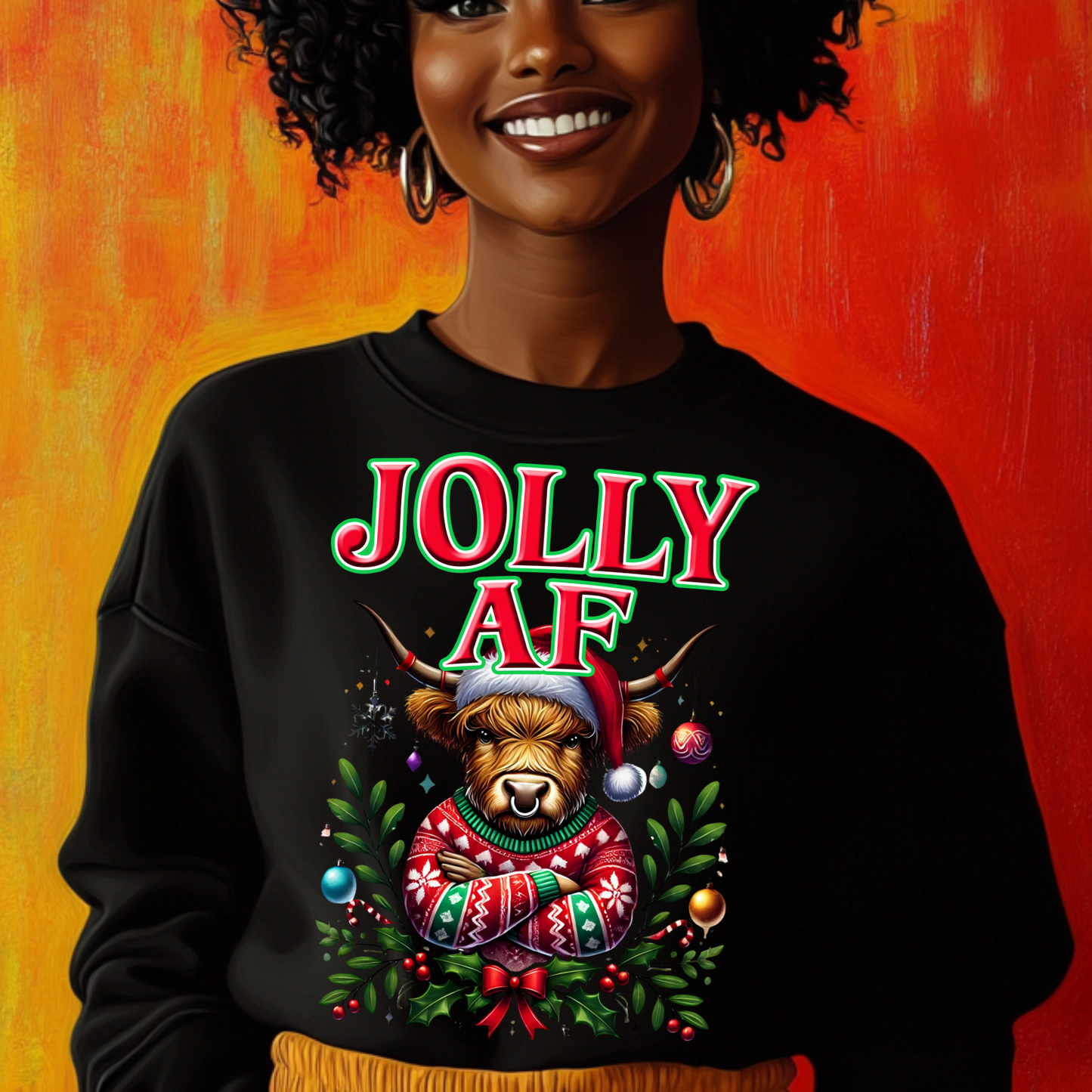 Jolly AF Highland Cow Christmas PNG - Funny Holiday Sublimation Design for T-Shirts, Digital Download with Free Mockups