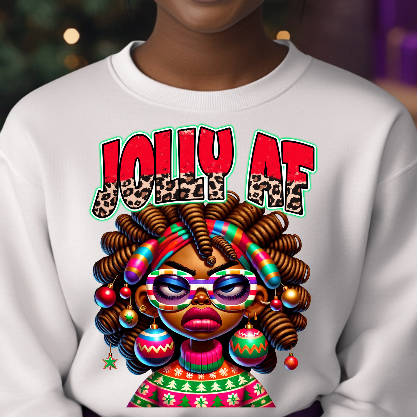 Jolly AF Afrocentric Christmas PNG, African American Woman Holiday Sublimation Design, Leopard Print Christmas Clipart, Mockups Included