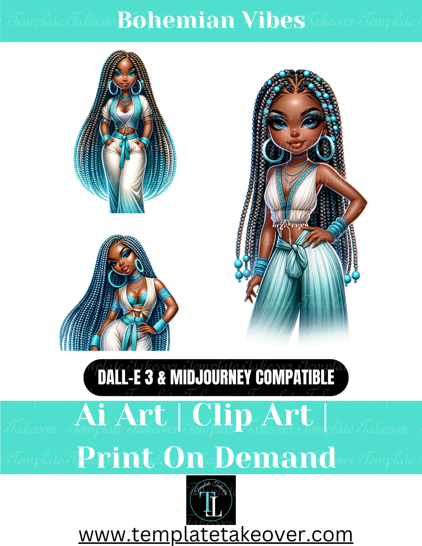 Bohemian Women |AI Art | African American Women | Craft | Business | Clipart | Print on Demand