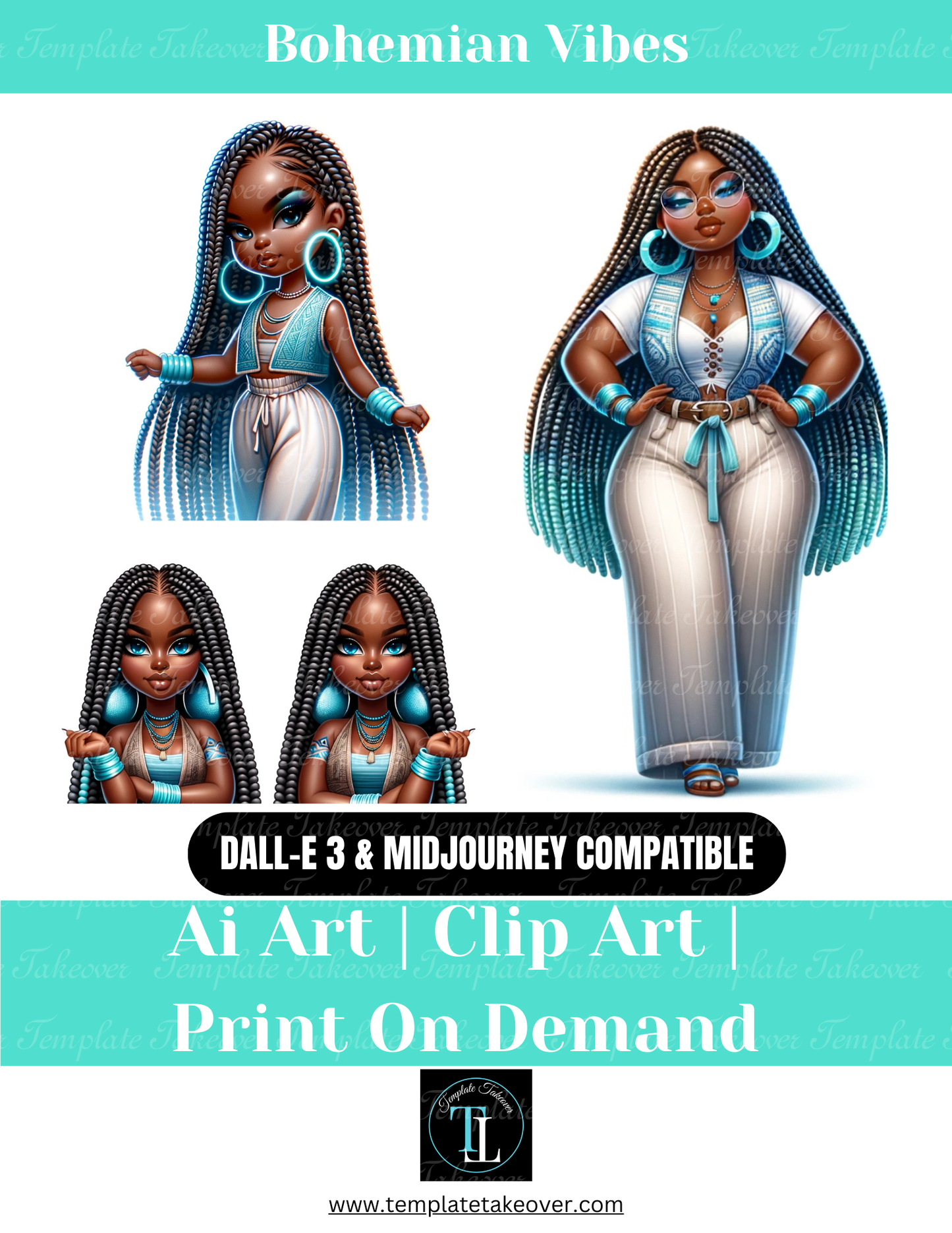 Bohemian Women |AI Art | African American Women | Craft | Business | Clipart | Print on Demand