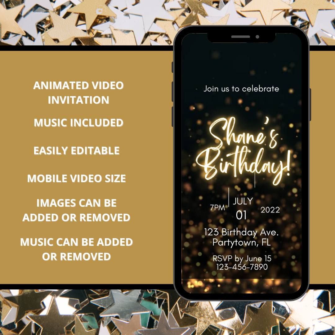 Turn up the Volume! Black and Gold Birthday Party Video Invitation, Editable Video Invitation Canva Template, Animated Video Phone Evite, Music Video, Instant Download