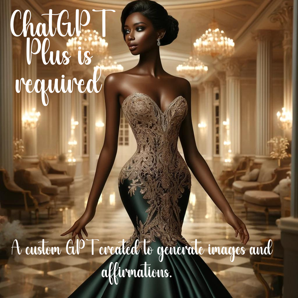 Elegant Evening Gowns and Affirmations: Empowering Custom AI for Inspirational Art and Self-Love | Custom GPT | African American Beauty