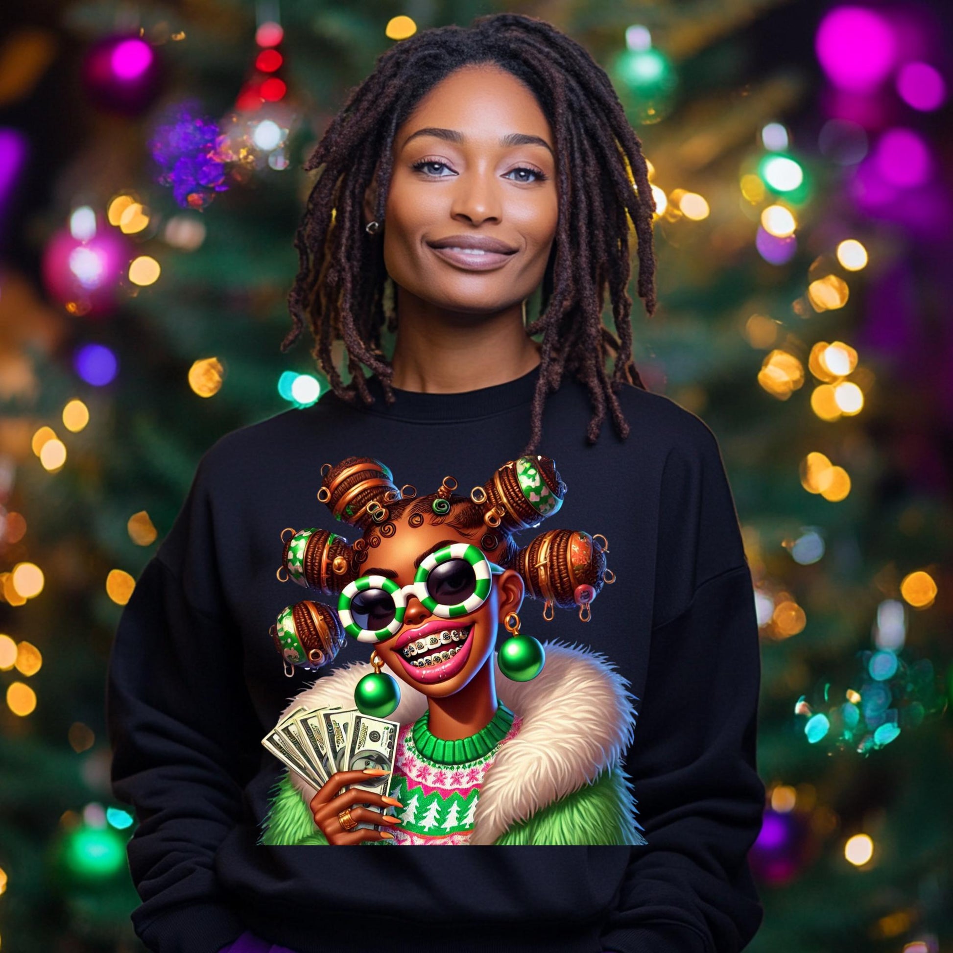 Afro Christmas Money Girl PNG, Editable Holiday Graphic for Custom Shirt Designs, Festive Christmas PNG, Mockups Included