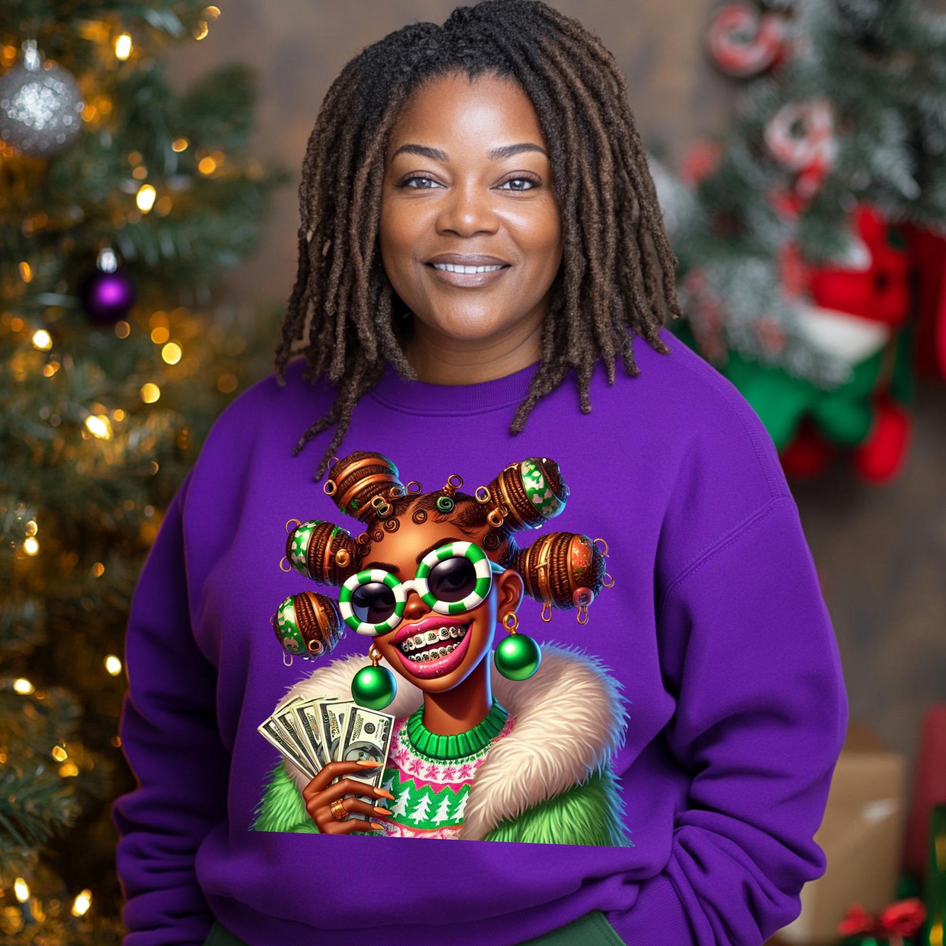 Afro Christmas Money Girl PNG, Editable Holiday Graphic for Custom Shirt Designs, Festive Christmas PNG, Mockups Included