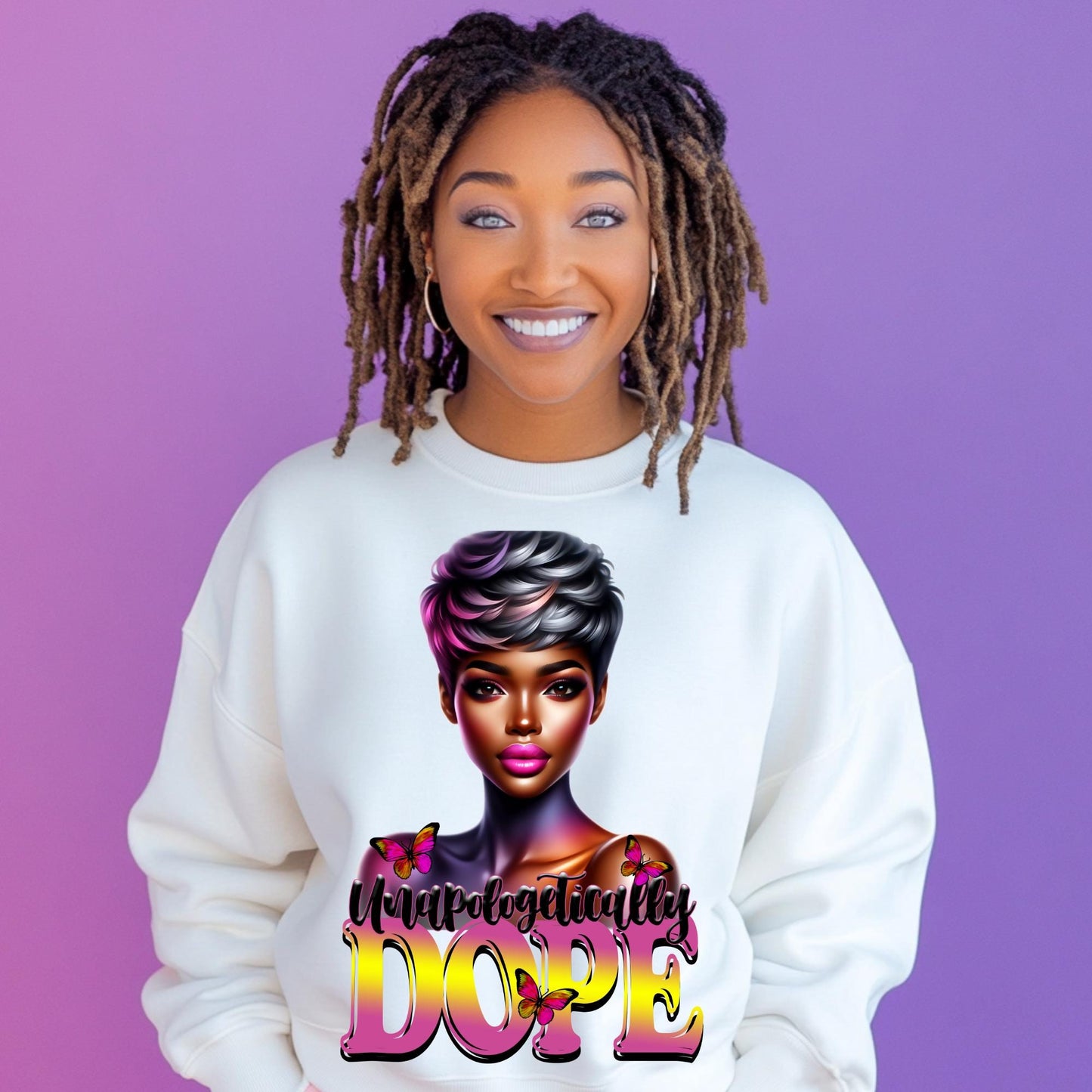 Unapologetically Dope PNG – Black Girl Art with Butterflies | Trendy Digital Download for Sublimation & Print-On-Demand | Mockups Included