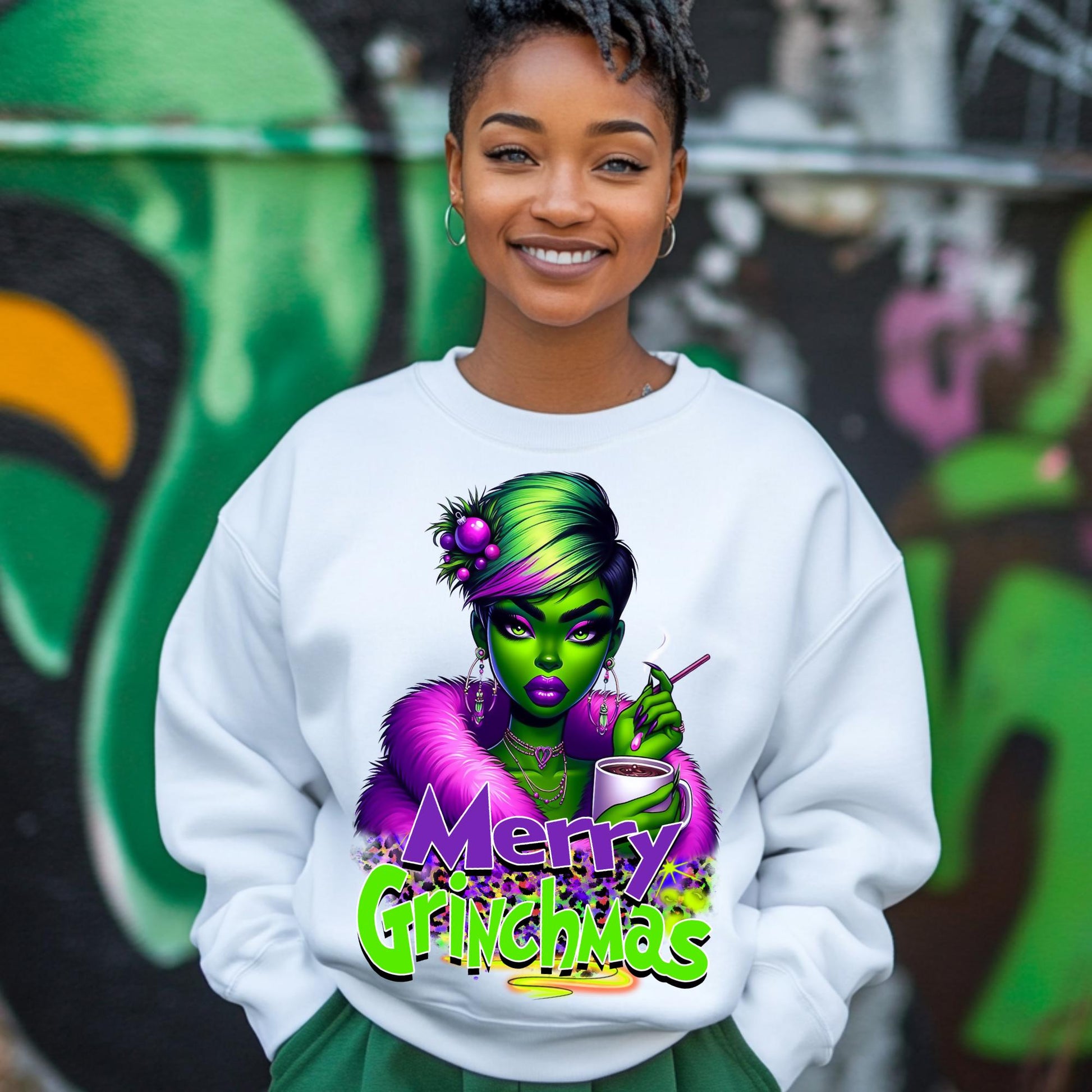 Merry Grinchmas PNG Digital Download – Christmas Afro Grinch Woman Clipart – Funny Holiday Design for Sublimation, T-Shirts, and Mugs