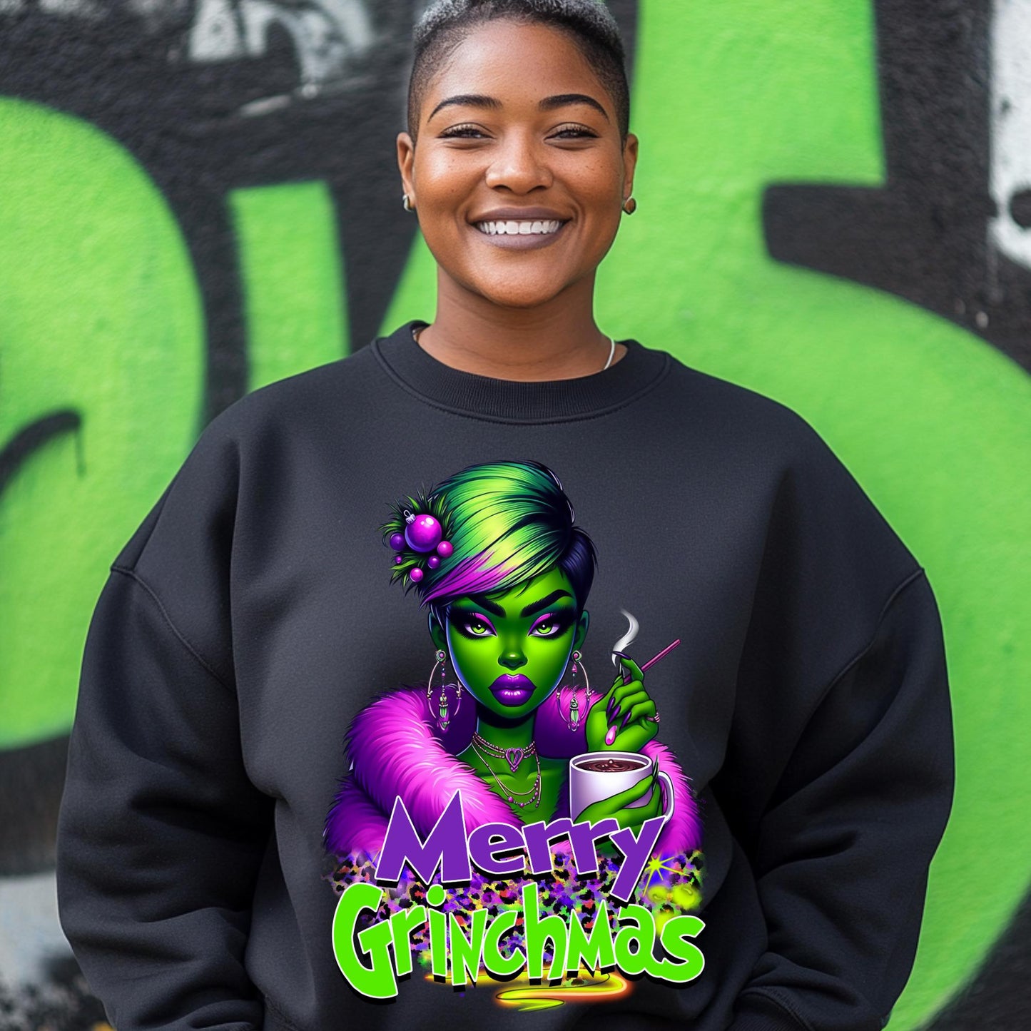 Merry Grinchmas PNG Digital Download – Christmas Afro Grinch Woman Clipart – Funny Holiday Design for Sublimation, T-Shirts, and Mugs