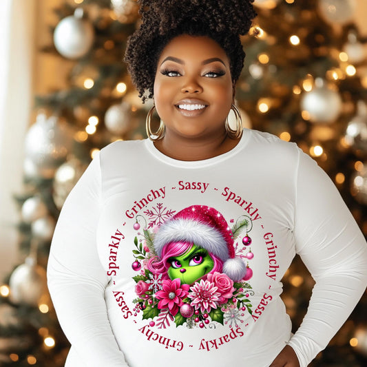 Sassy Sparkly Grinchy, Sassy Grinchy Christmas PNG, Sparkly Pink Grinch Sublimation Design, Holiday T-Shirt Clipart, Mockups Included