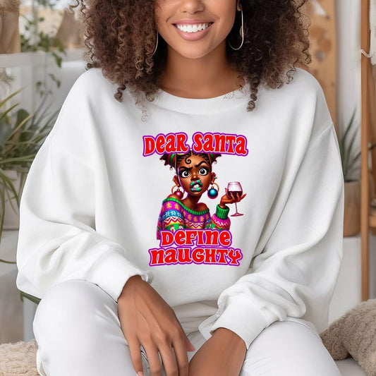 Dear Santa Define Naughty – Holiday PNG with Afro-Glam Character & Wine Glass – Holiday Clipart for Shirts and Sweaters – Includes Mockup