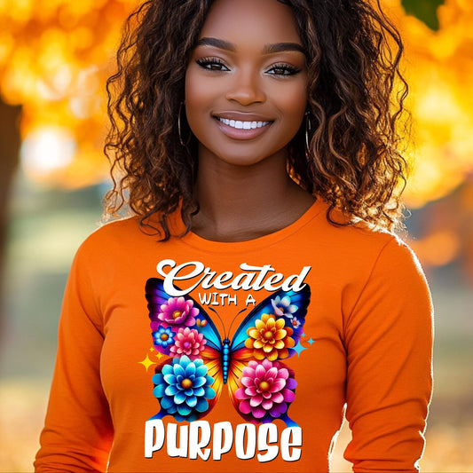 Colorful Created with a Purpose Butterfly PNG – Sublimation Design for T-Shirts, Mugs & More – Includes Mockups!