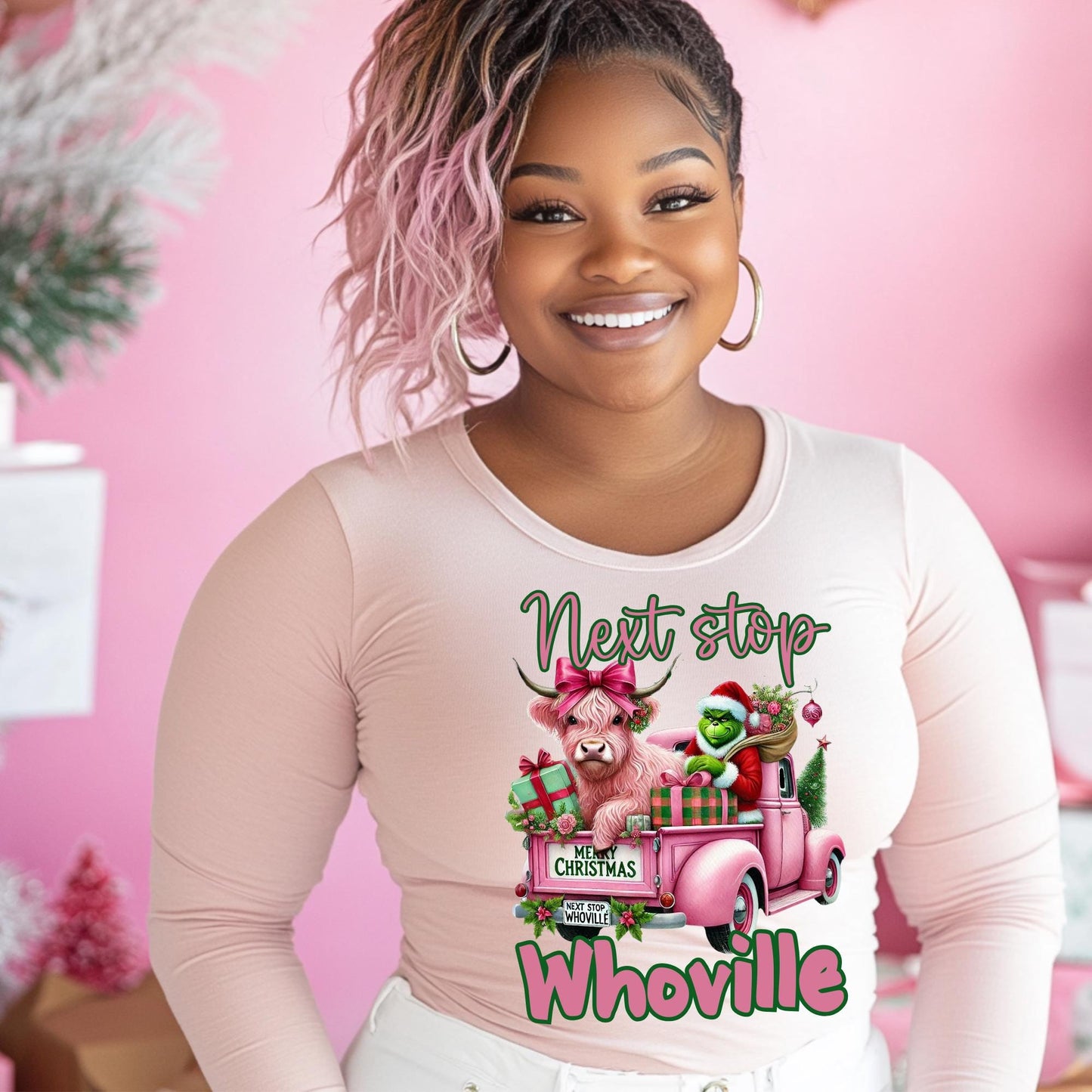 Next Stop Whoville Christmas Sweatshirt - 100% Cotton Long Sleeve Holiday Graphic Tee - Cute Highland Cow and Grinch Shirt