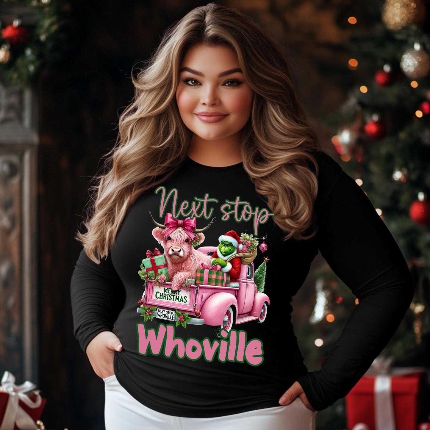 Next Stop Whoville Christmas Sweatshirt - 100% Cotton Long Sleeve Holiday Graphic Tee - Cute Highland Cow and Grinch Shirt