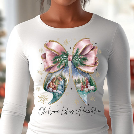 Oh Come Let Us Adore Him Christmas Sweatshirt - Nativity Scene with Bow Design - 100% Cotton Holiday Christian Apparel