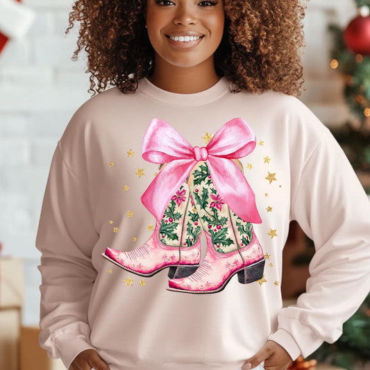 Cowgirl Christmas Sweatshirt - Festive Pink Boots with Bow - 100% Cotton Holiday Pullover