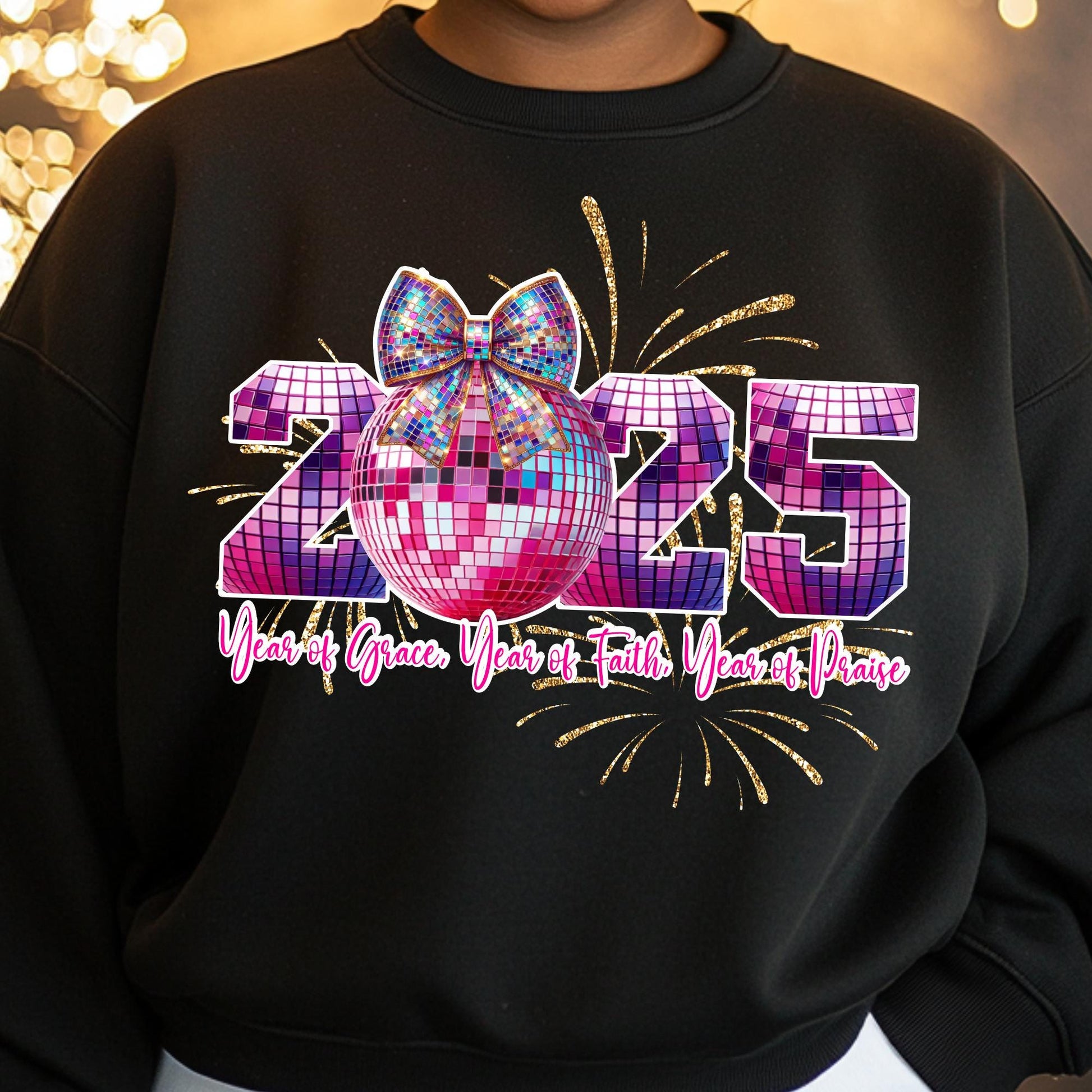 2025 Disco Ball Sweatshirt - Year of Grace, Faith, and Praise - 100% Cotton New Year Crewneck for Women - Sparkling Celebration Shirt