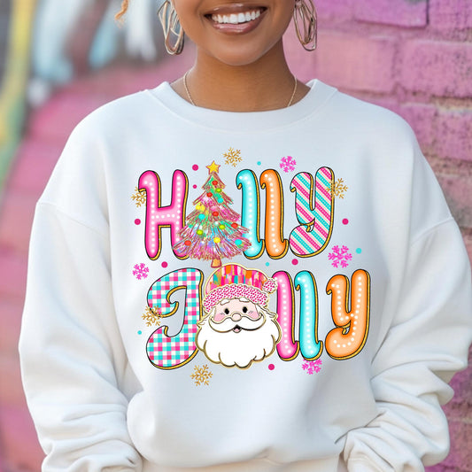 Holly Jolly Christmas Sweatshirt - Cute Santa, Tree & Festive Design - 100% Cotton Holiday Crewneck - Cozy Christmas Sweater