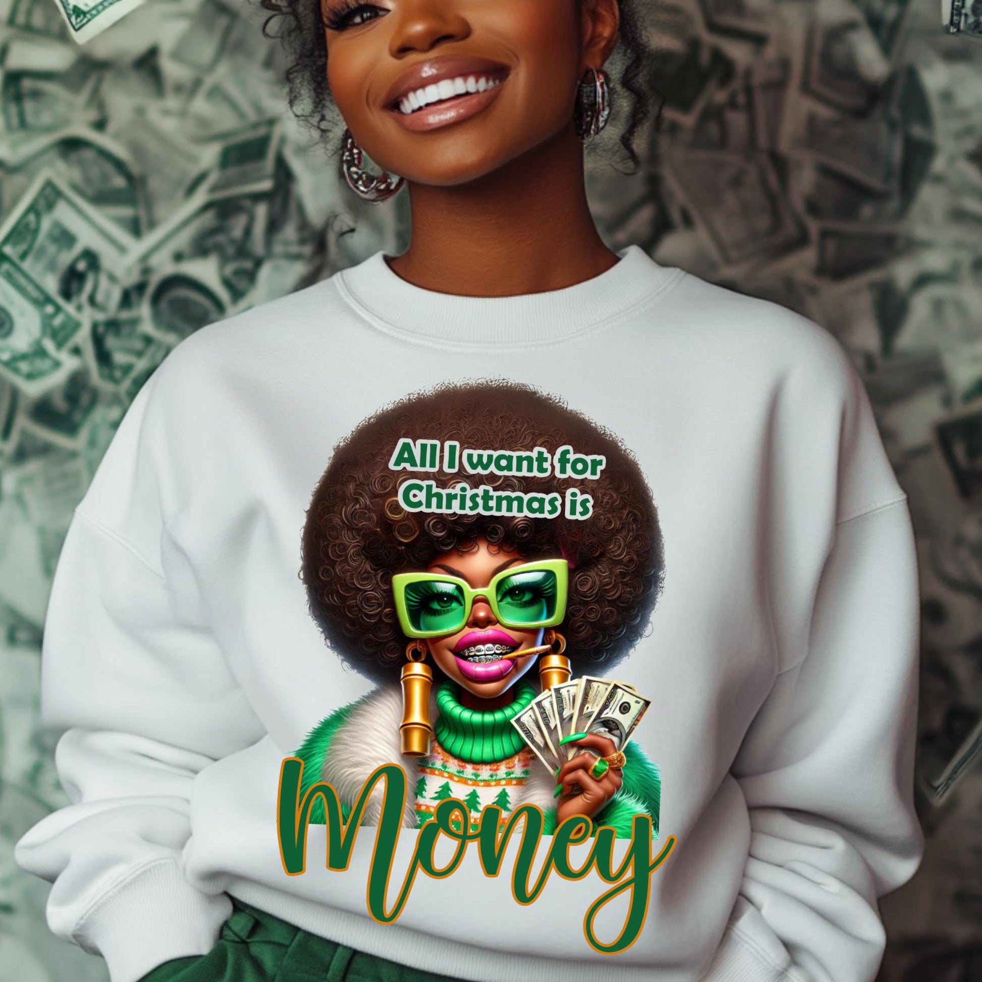 All I Want for Christmas is Money PNG | Funny Christmas Diva Digital Art with Free Mockups