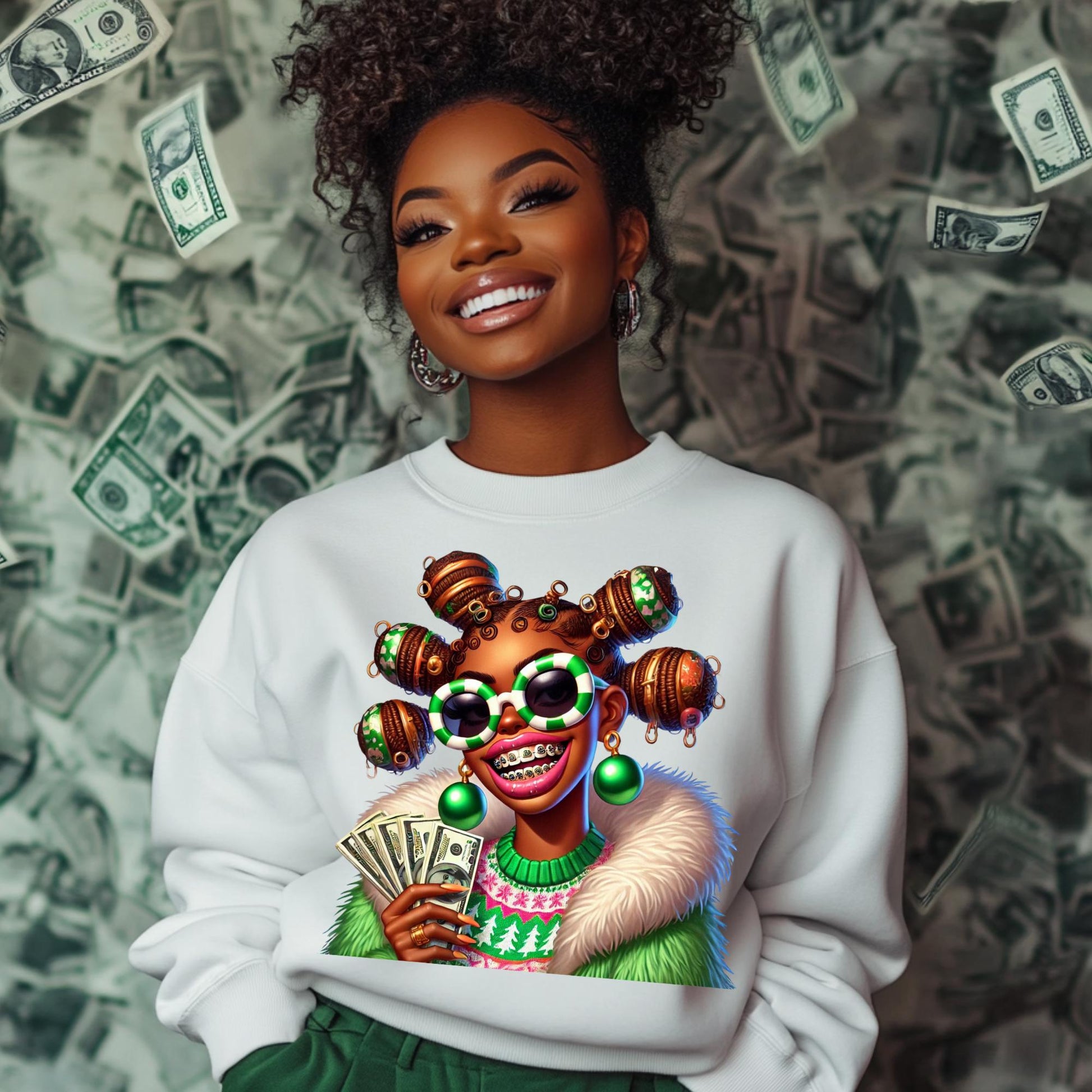 Afro Christmas Money Girl PNG, Editable Holiday Graphic for Custom Shirt Designs, Festive Christmas PNG, Mockups Included