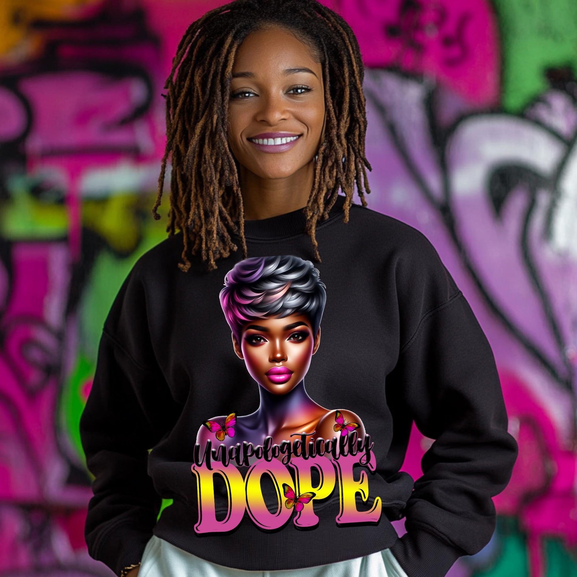 Unapologetically Dope PNG – Black Girl Art with Butterflies | Trendy Digital Download for Sublimation & Print-On-Demand | Mockups Included