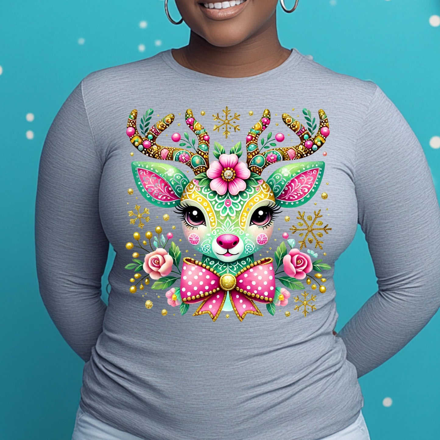 Colorful Floral Reindeer PNG for DTF & Sublimation | Christmas Design with Mockups Included