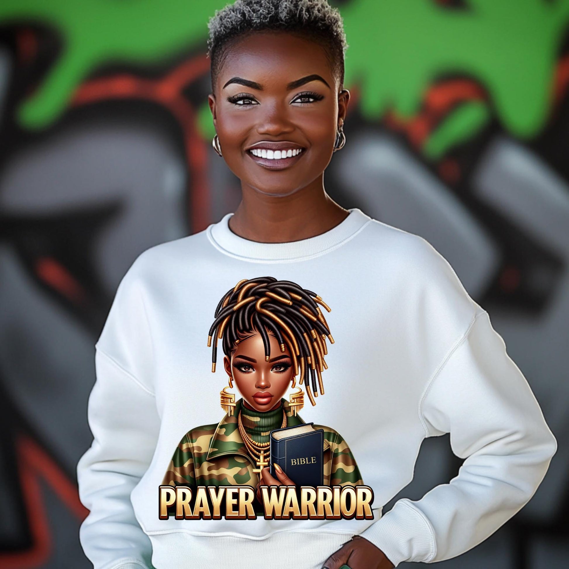 Prayer Warrior Camo DTF Transfer – Bible and Braided Hair Design for Cotton, Polyester and Blend Apparel