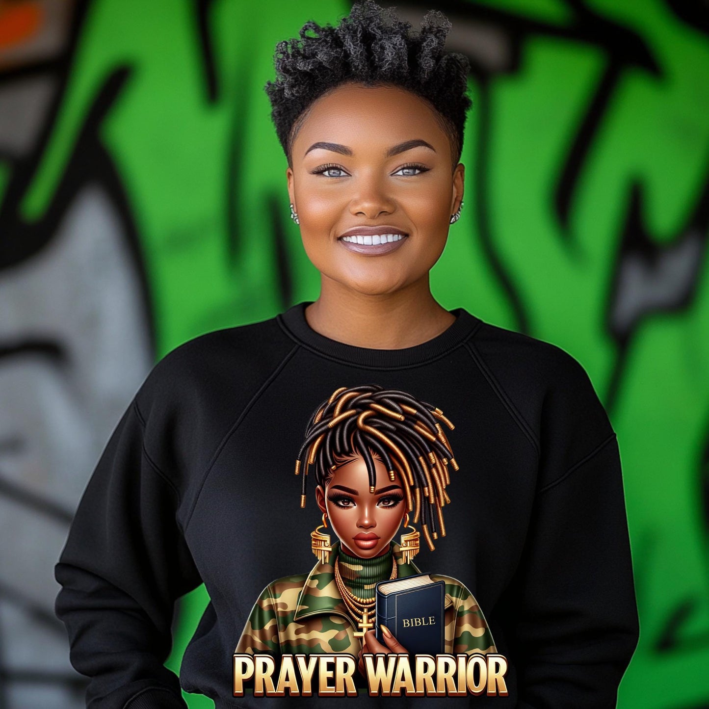 Prayer Warrior Camo DTF Transfer – Bible and Braided Hair Design for Cotton, Polyester and Blend Apparel