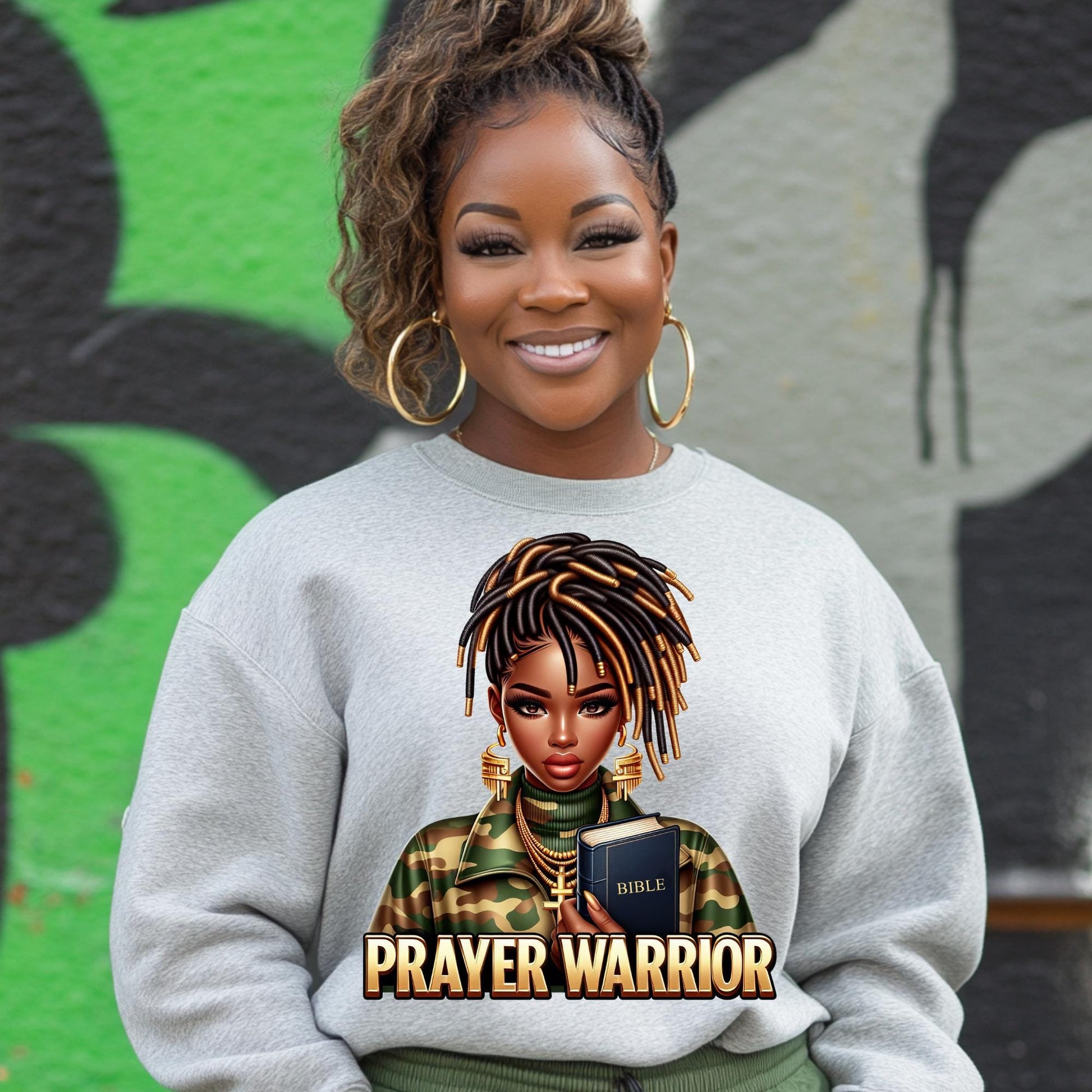 Prayer Warrior Camo DTF Transfer – Bible and Braided Hair Design for Cotton, Polyester and Blend Apparel