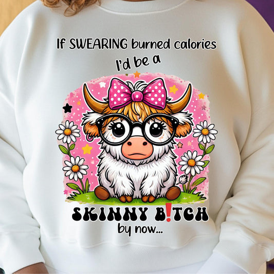 Funny Highland Cow PNG – Swearing Calories Skinny Design for DTF & Sublimation with Mockups