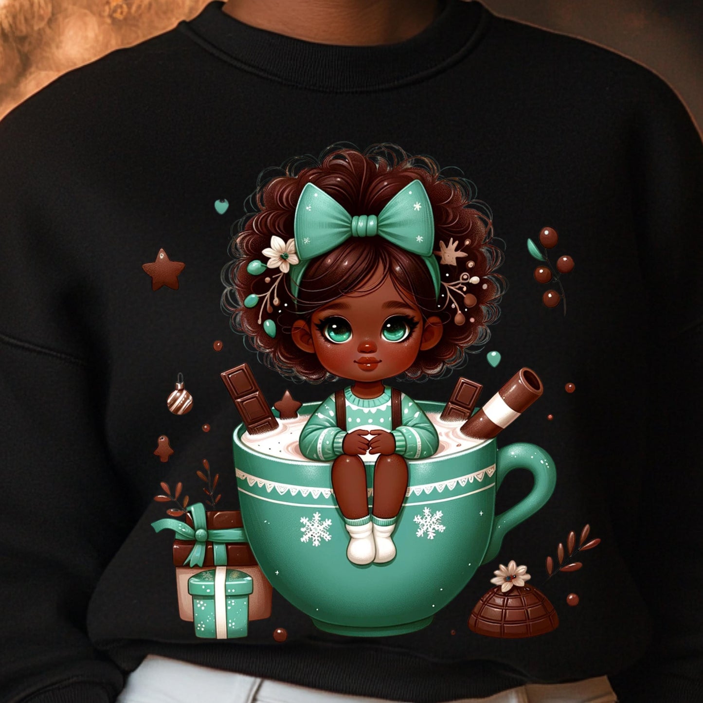 Adorable Hot Cocoa Girl PNG for DTF & Sublimation – Holiday Digital Design with Mockups