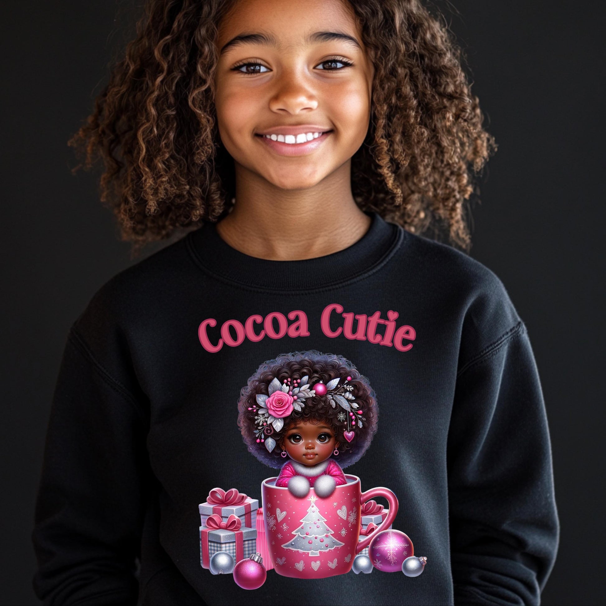 Cocoa Cutie Christmas PNG – Adorable Afro Girl Holiday Design for DTF & Sublimation with Mockups"