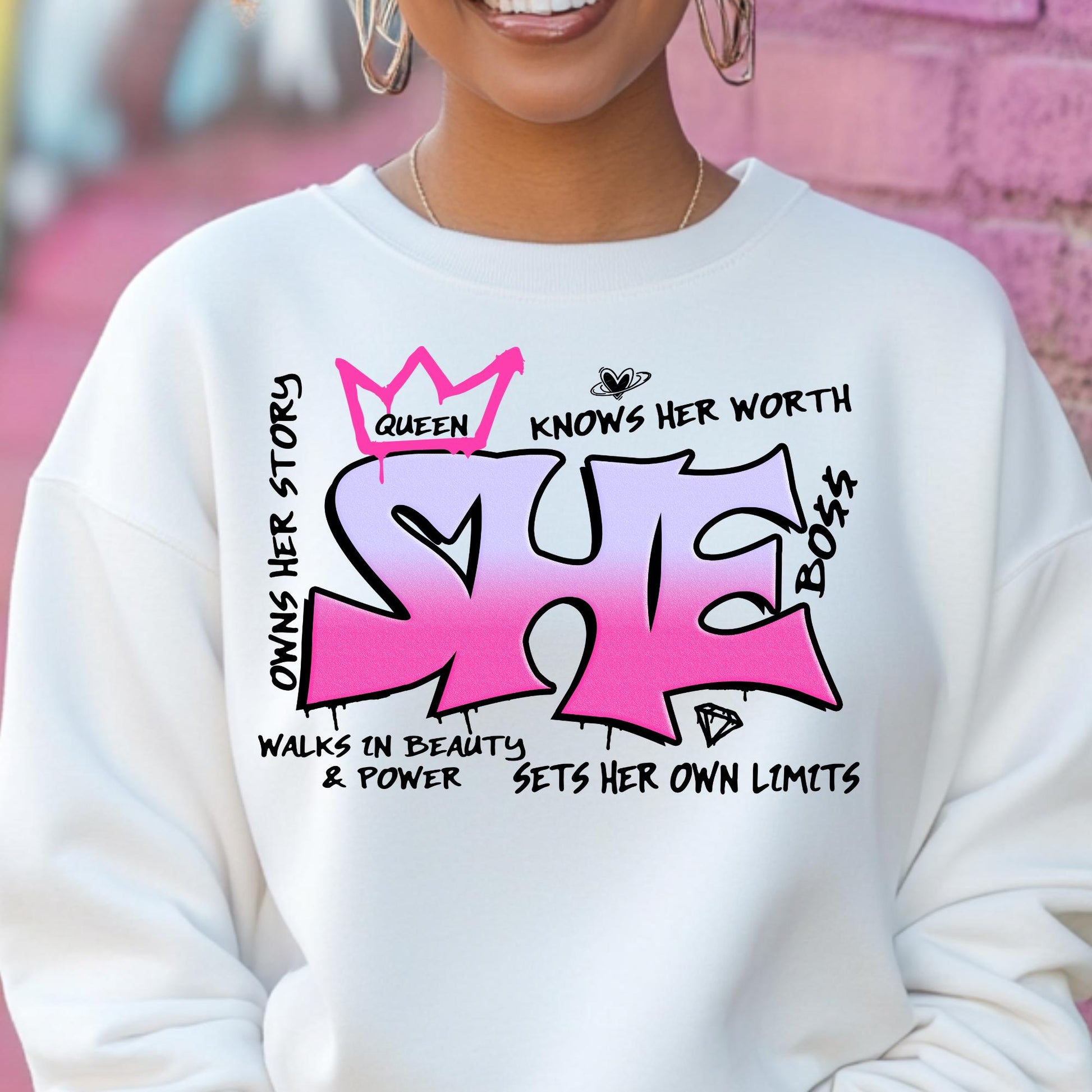 Empowering "SHE" Graffiti Sweatshirt | 100% Cotton Crewneck | Women's Inspirational Design S-4X