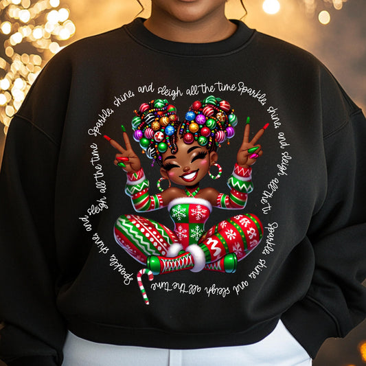 Sparkle, Shine, and Sleigh PNG | Christmas Afro Diva Sublimation & DTF Design | Festive Afrocentric Holiday Art