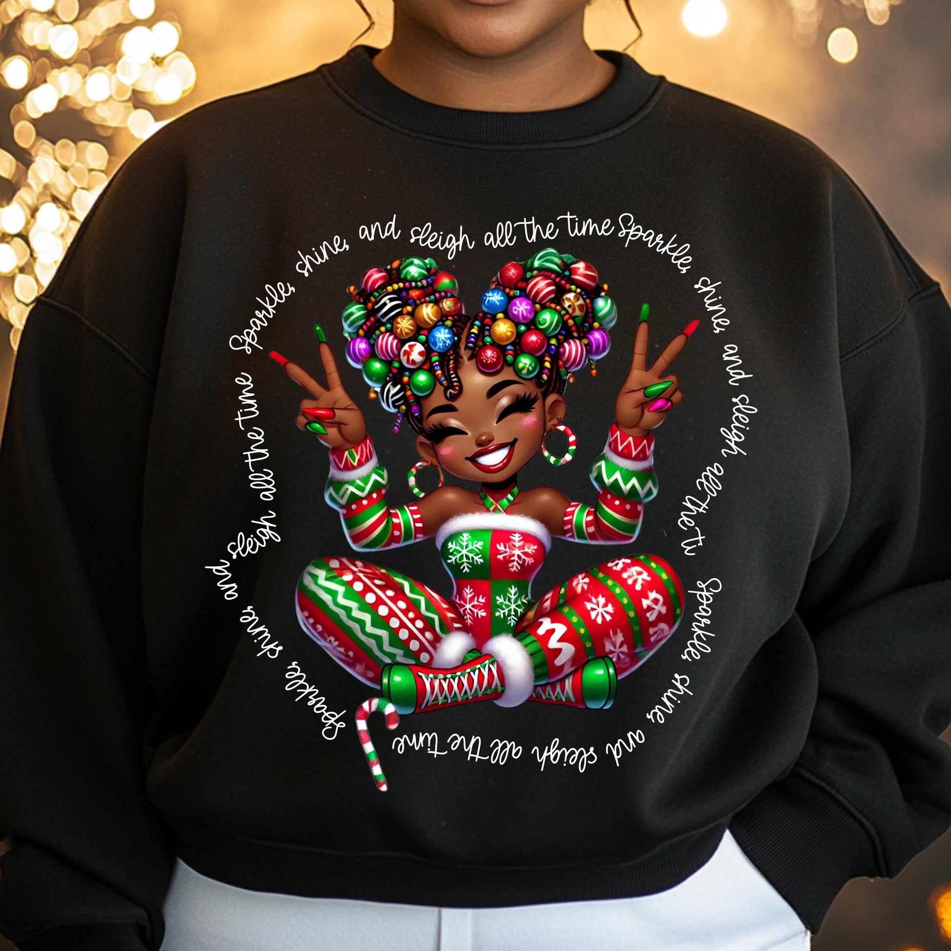 Sparkle, Shine, and Sleigh DTF Transfer | Christmas Afro Diva Heat Press Design | Festive Holiday Apparel Art