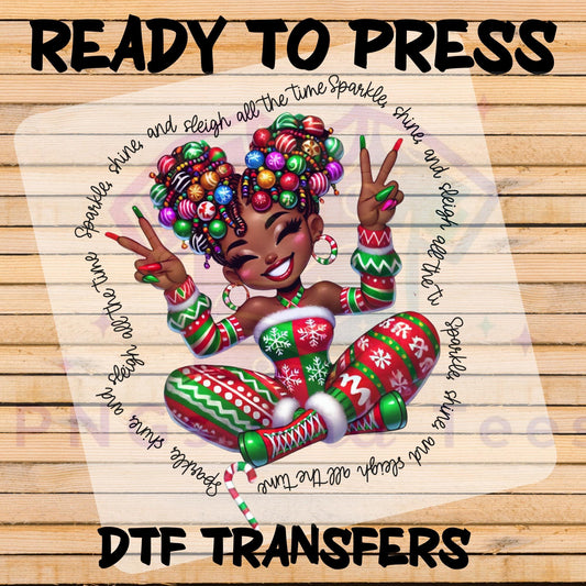 Afro Diva Sparkle Shine Sleigh DTF Transfer | Christmas Heat Press Design for Cotton & Polyester Apparel