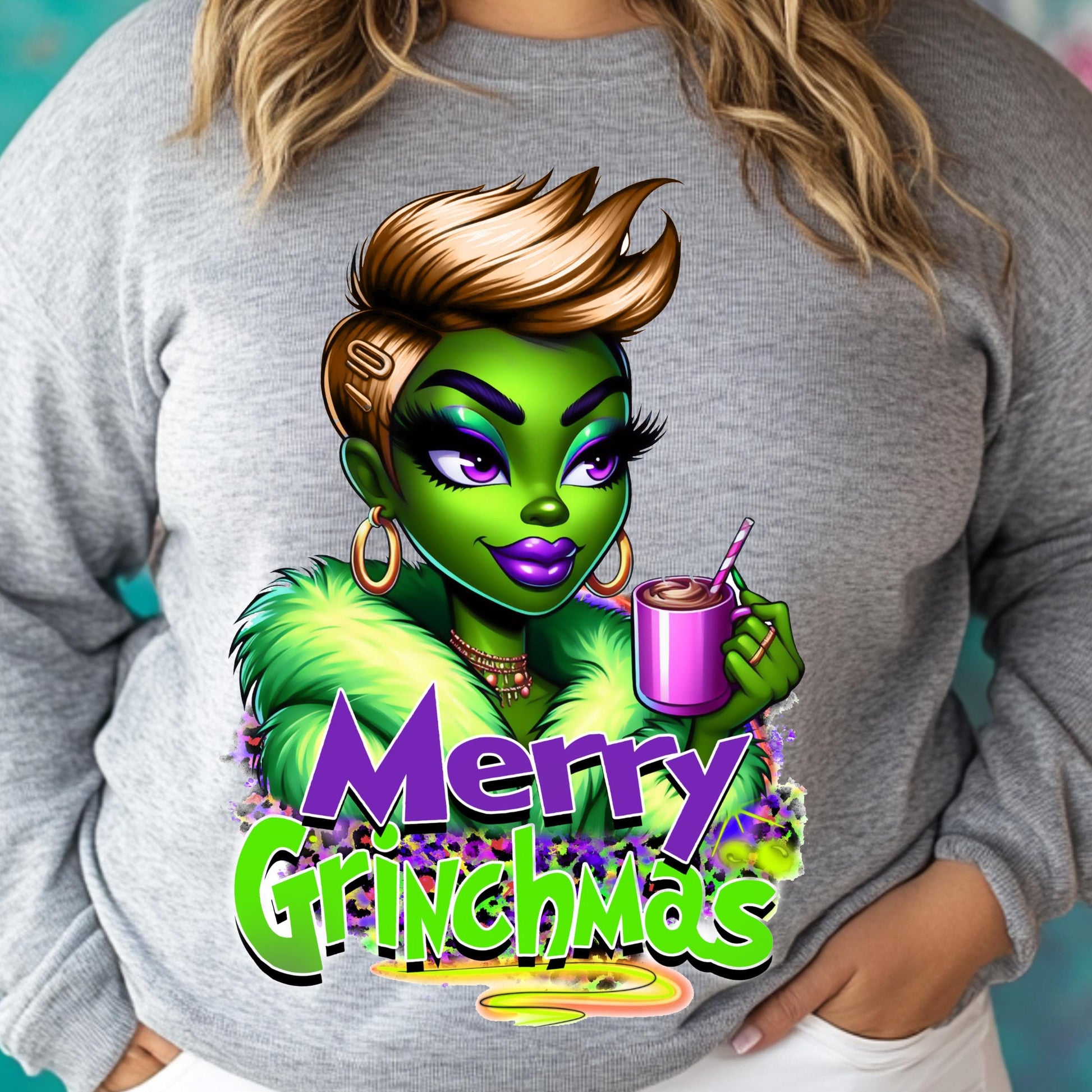 Merry Grinchmas Blonde Diva DTF Transfer - Holiday Ready-to-Press Christmas Design for Cotton & Polyester Apparel