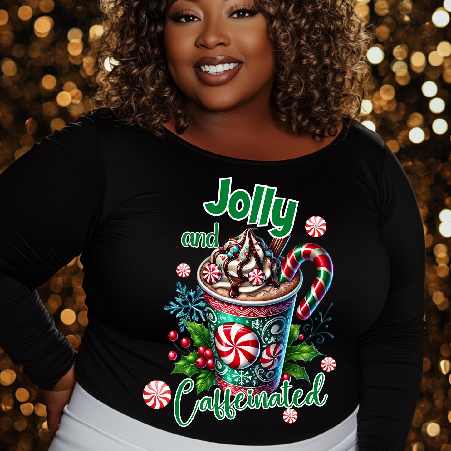 Jolly and Caffeinated DTF Transfer – Festive Christmas Hot Cocoa Design for Cotton & Polyester Apparel