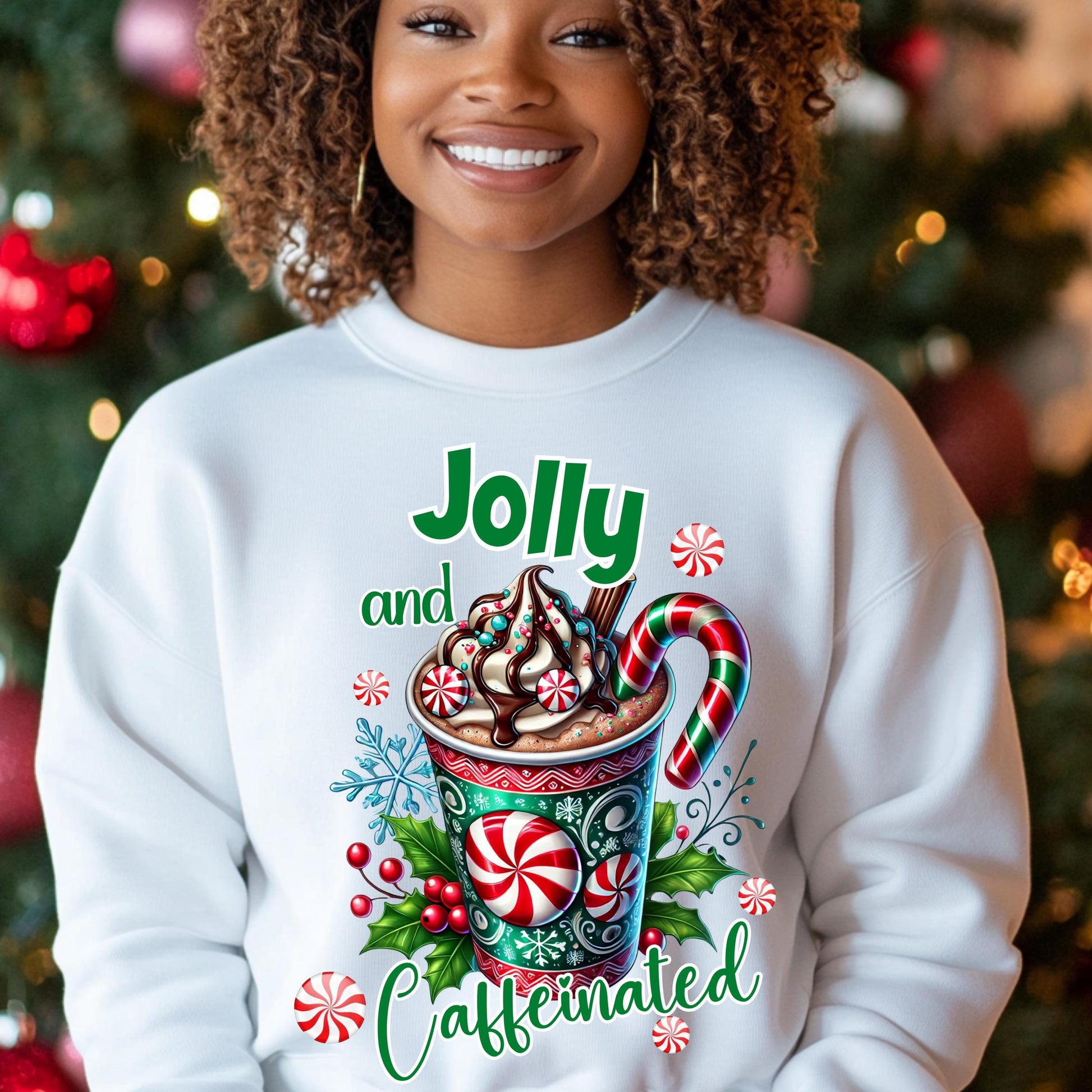 Jolly and Caffeinated DTF Transfer – Festive Christmas Hot Cocoa Design for Cotton & Polyester Apparel