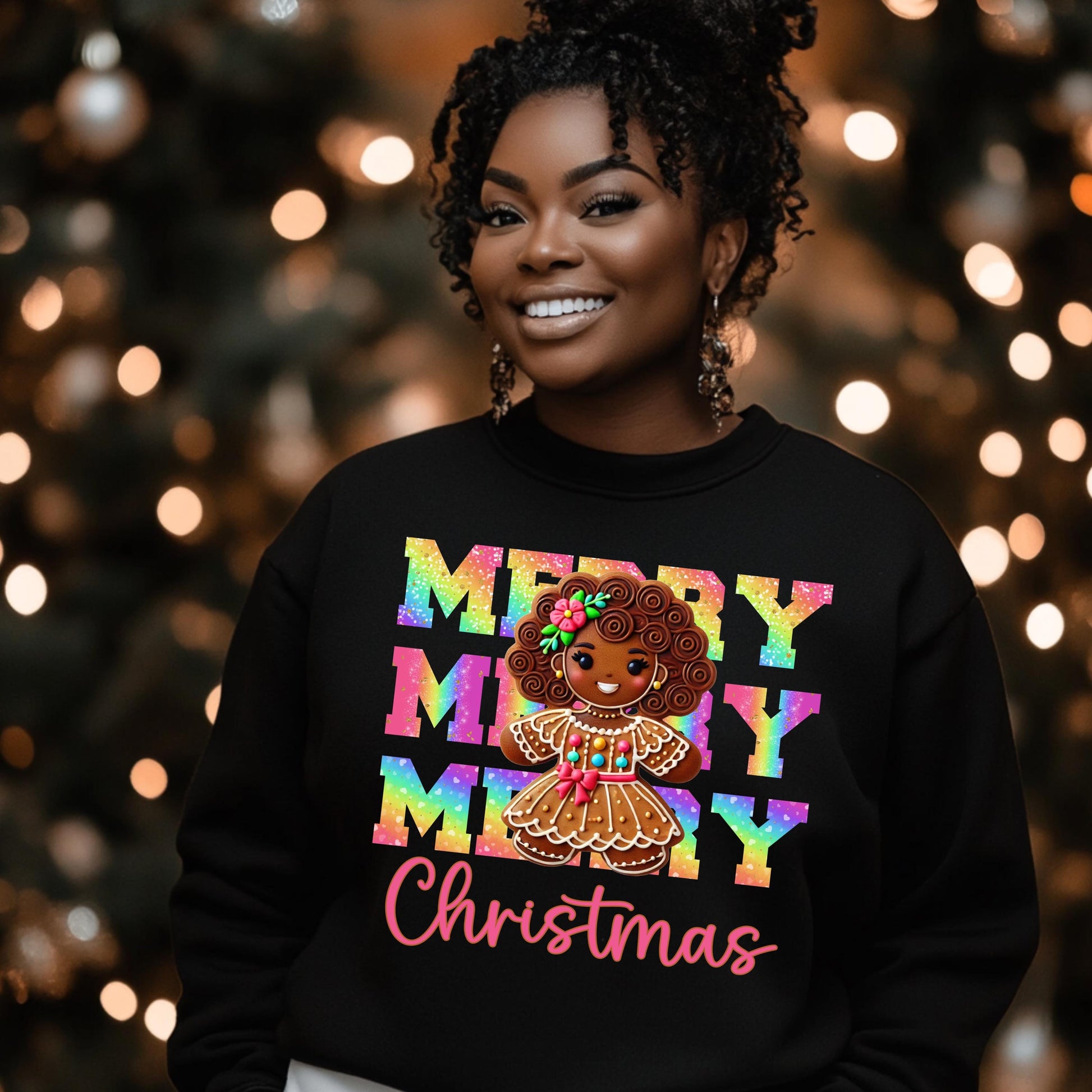 Merry Christmas Afro Gingerbread Girl DTF Transfer | Rainbow Holiday Design for Cotton & Polyester Apparel