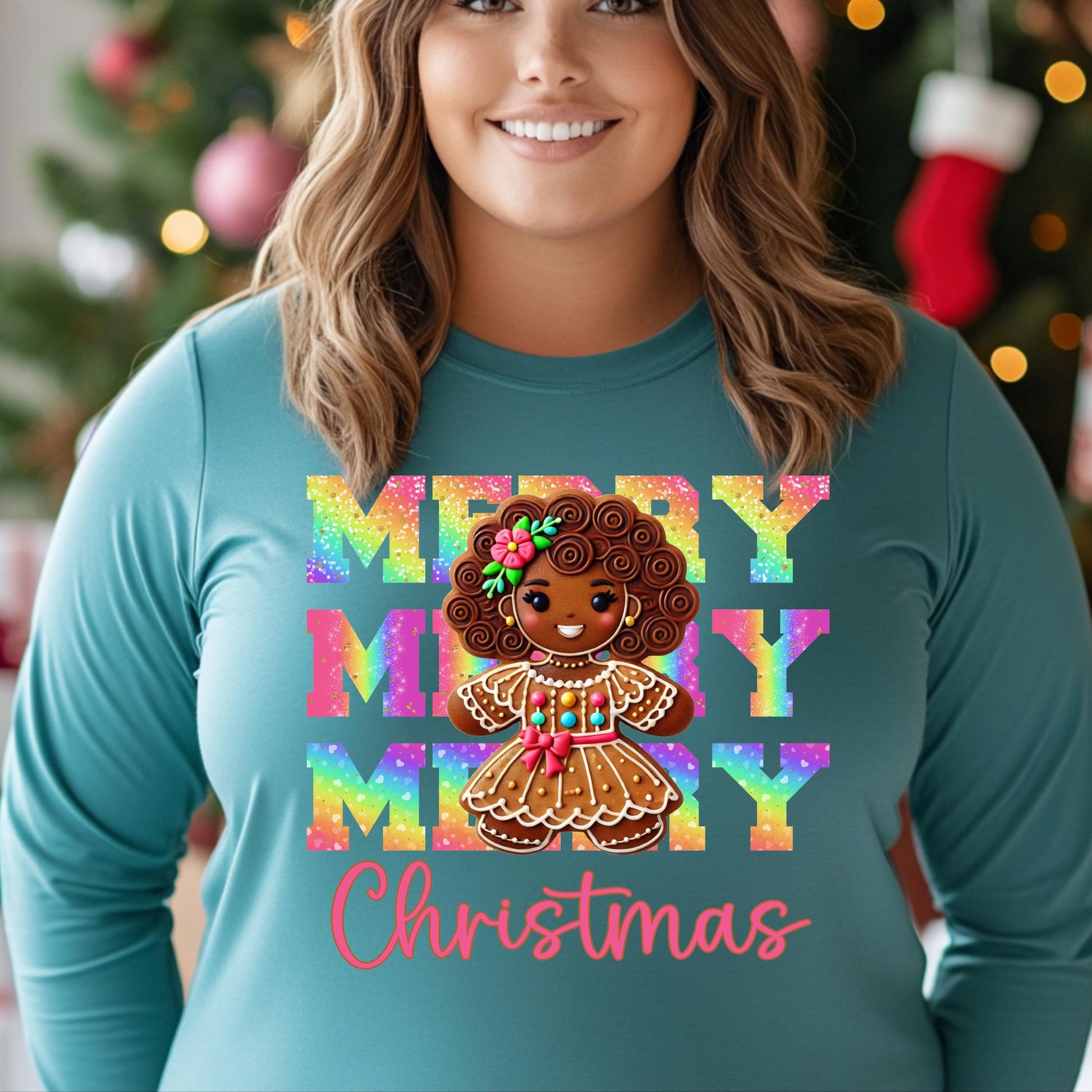 Merry Christmas Afro Gingerbread Girl DTF Transfer | Rainbow Holiday Design for Cotton & Polyester Apparel