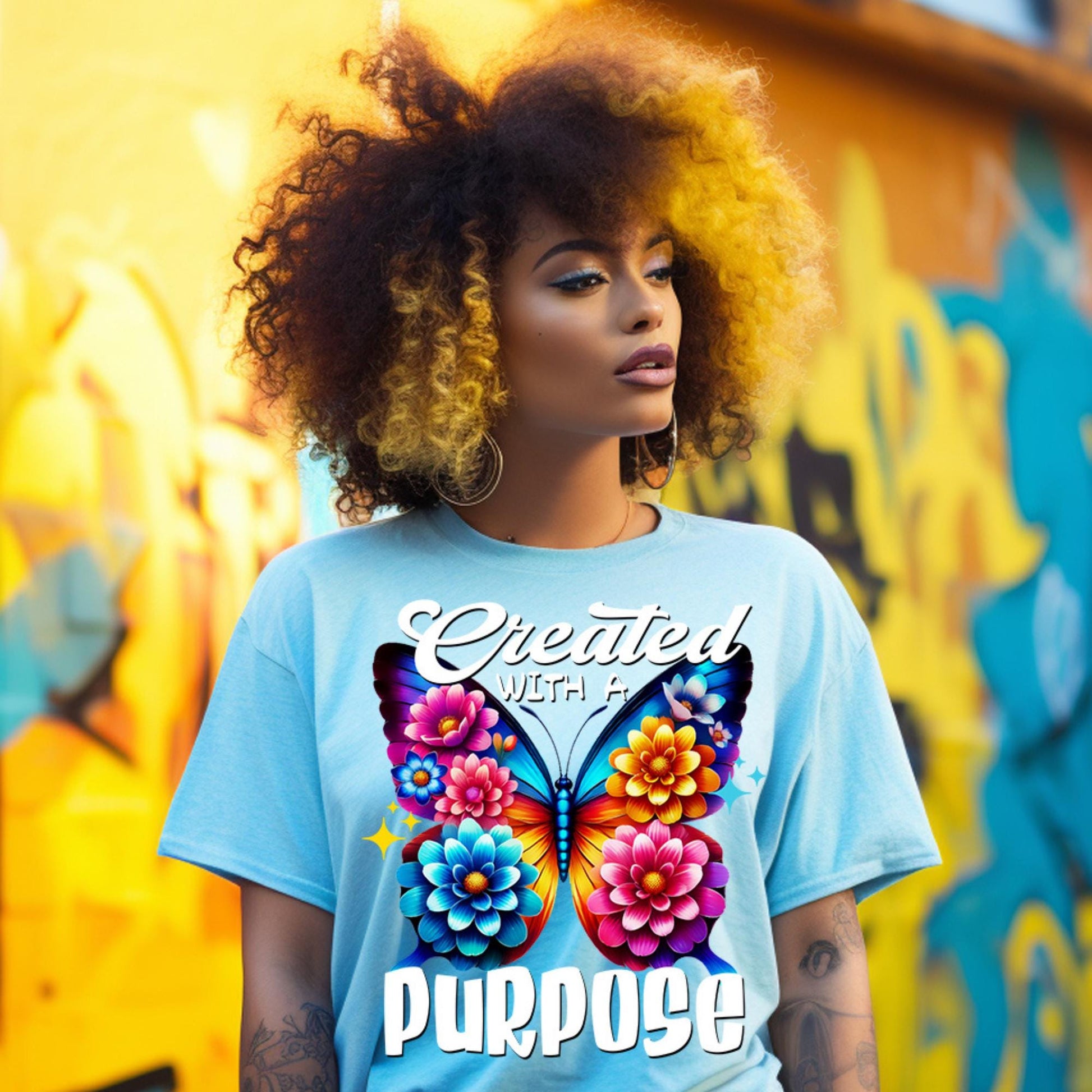 Colorful Created with a Purpose Butterfly PNG – Sublimation Design for T-Shirts, Mugs & More – Includes Mockups!