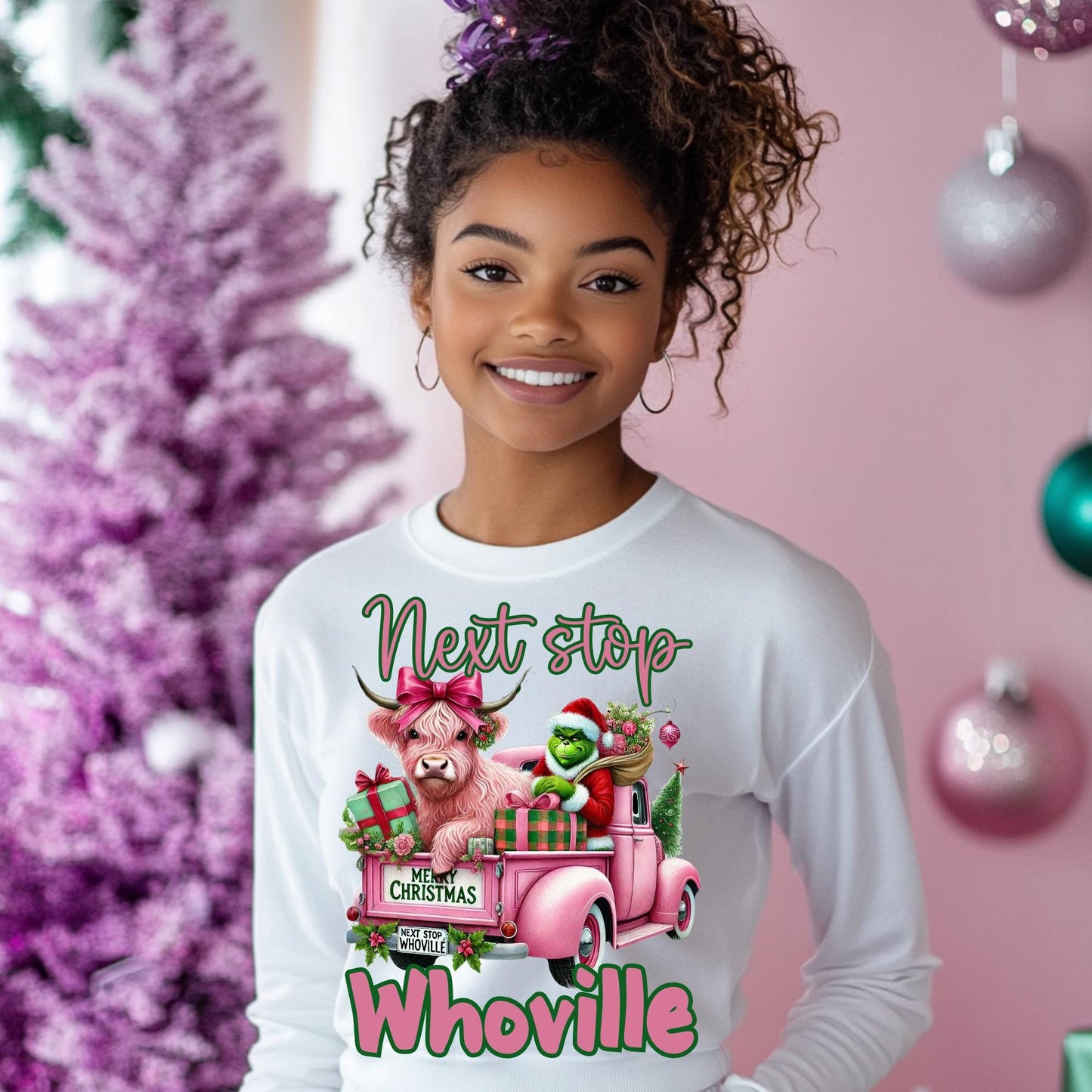 Next Stop Whoville Christmas Sweatshirt - 100% Cotton Long Sleeve Holiday Graphic Tee - Cute Highland Cow and Grinch Shirt